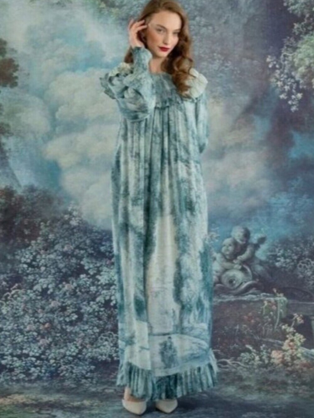 Lillou Maxi Dress Blue-Green Cloud Print Ruffle Neck, Sleeves Smocked Cuffs Sz M